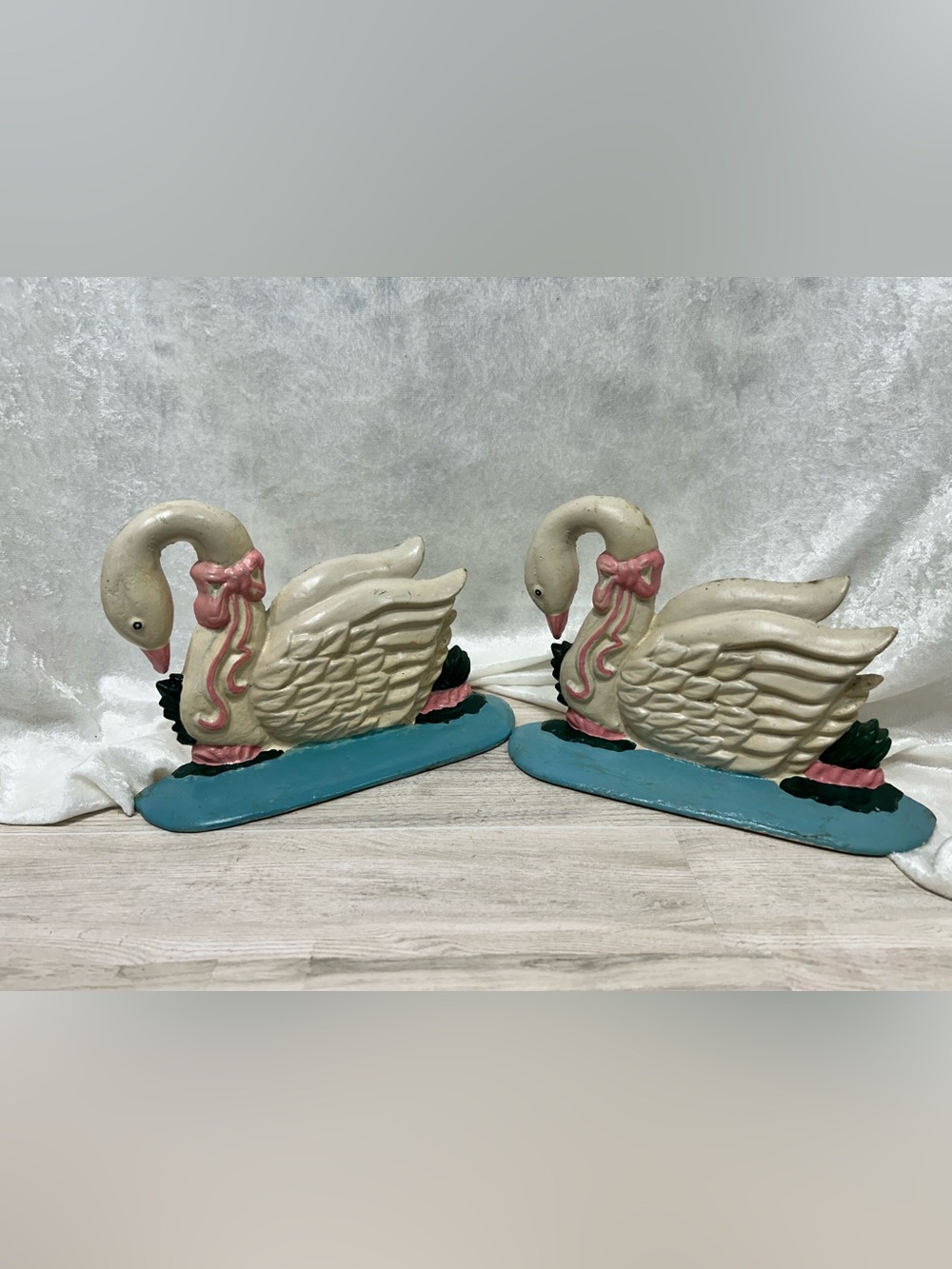 Pair Heavy Cast Metal Swan Bookends White Pink Blue Cottage Decor 6 LB